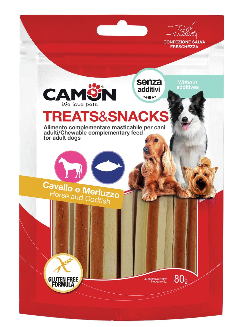 Camon snack cane adulto 80g sandwich cavallo e merluzzo, senza additivi, confezione salva freschezza Camon snack cane adulto 80g sandwich cavallo e merluzzo, senza additivi, confezione salva freschezza